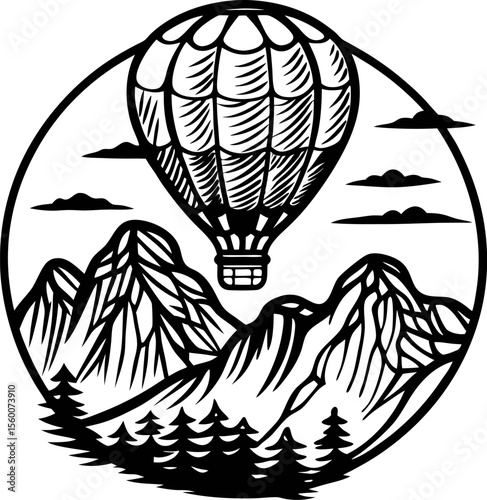 Vintage engraved illustration of hot air balloon flying over mountain landscape with pine trees and clouds
