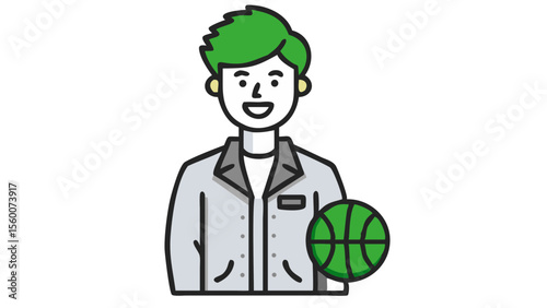 Stylized cartoon character with green hair wearing a light gray jacket holding a green basketball isolated on transparent background