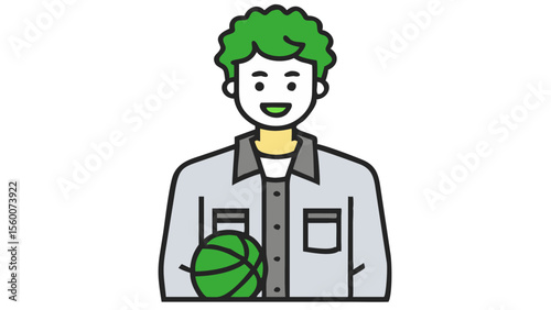 Smiling young man with green curly hair wearing a light grey jacket holding a green basketball isolated on transparent background