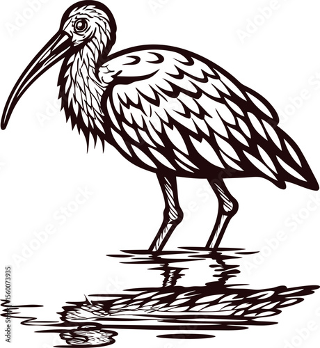 Hand drawn ibis wading in shallow water with detailed feathers and reflection, vintage engraving illustration