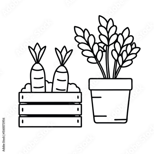 Vegetable crate beside garden cart in harvesting setup Vector illustration