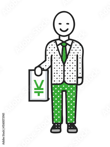 Smiling stick figure businessman in polka dot suit holding a bag with japanese yen symbol isolated on transparent background