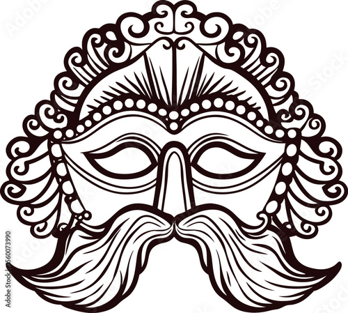 Intricate hand drawn masquerade mask with ornate detailing and large stylized mustache illustration