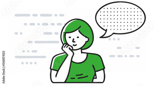 Thoughtful young woman with green hair and shirt resting chin on hand with a dotted speech bubble above her head isolated on transparent background