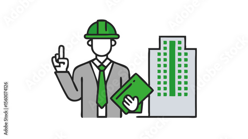 Architect or engineer in hard hat pointing upwards holding clipboard with building blueprint isolated on transparent background