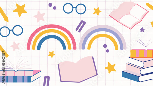 Illustration of various school supplies including pencils, notebooks, erasers, and rulers scattered around 100