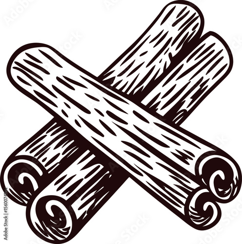Hand drawn cinnamon sticks illustration vintage engraved spice sketch with rustic wood texture details