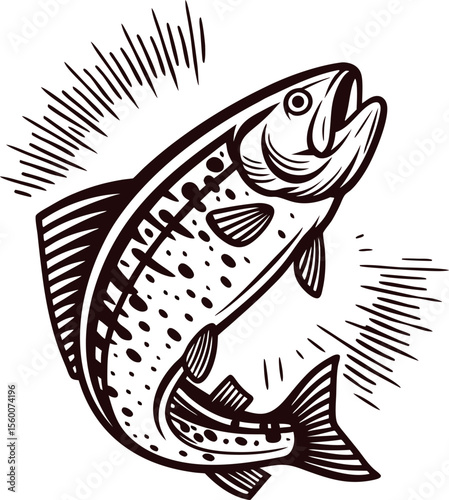 Jumping trout illustration with open mouth and detailed fins in vintage black ink engraving