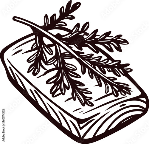 Hand drawn salmon fillet with herb sprig isolated on white background vintage engraved culinary illustration