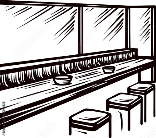 Hand drawn sushi bar counter with stools and chopsticks in minimalist sketch illustration