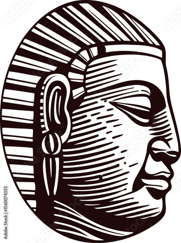 Engraved illustration of ancient egyptian pharaoh head profile with traditional headdress isolated