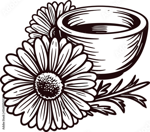 Hand drawn chamomile tea cup illustration with blooming flowers in vintage botanical engraving