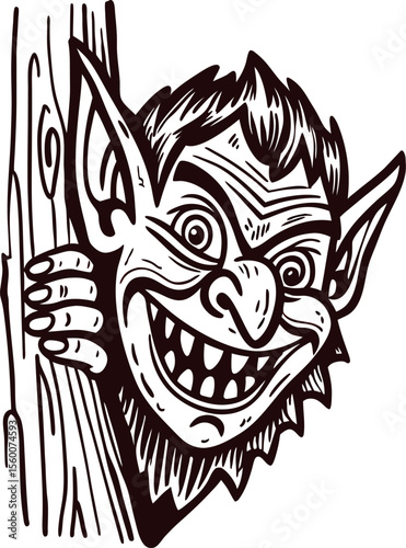 mischievous goblin peeking from behind a tree, grinning widely with exaggerated facial features
