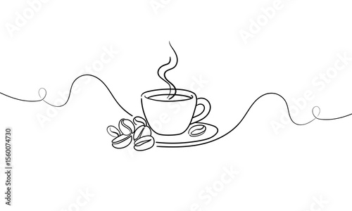Breakfast theme with lineart coffee cup, continious line drawing. Vector illustration 