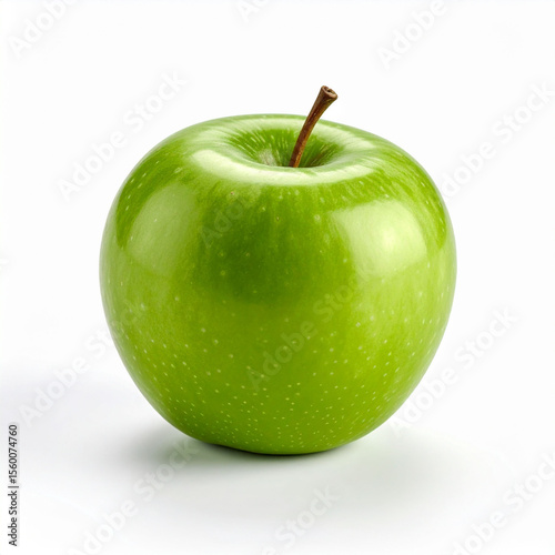 a whole green fruit sits against a clean white backdrop. the fruit is round with a shiny surface marked with small, scattered dots. its short brown stem points upward