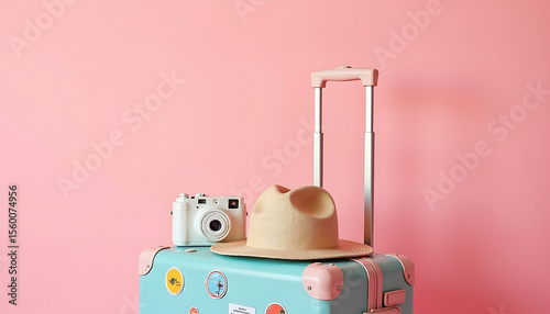 Retro travel suitcase with straw hat and vintage camera on a pink background