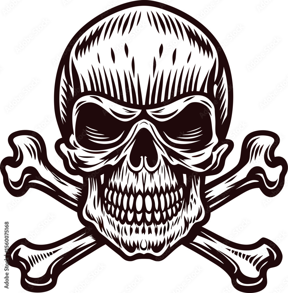 Fototapeta premium Vintage engraved human skull and crossed bones illustration in black and white isolated on a white background