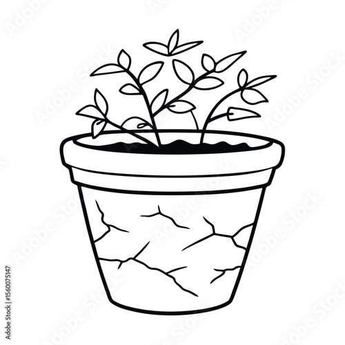 Cracked flower pot reused creatively in garden art setup Vector illustration
