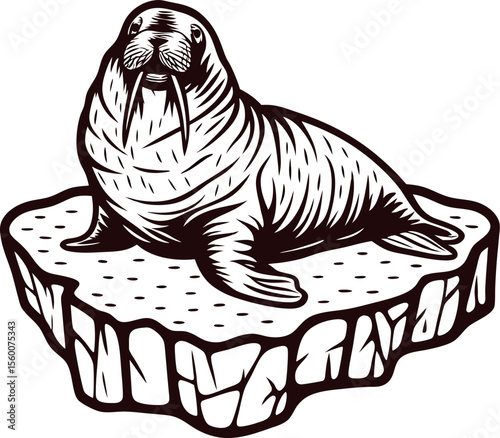 Engraved walrus illustration resting on floating ice vintage animal wildlife art in monochrome black and white