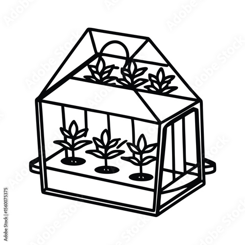 Mini greenhouse open to show rows of seedling plants Vector illustration