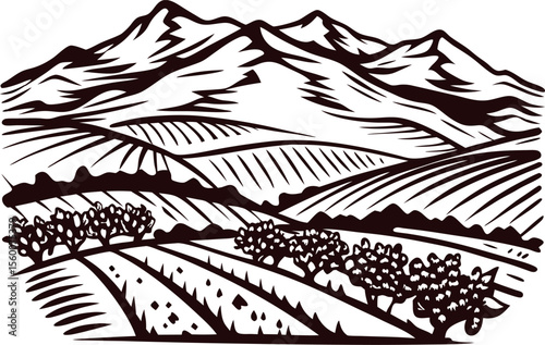 Mountain landscape illustration with cultivated fields and trees in vintage engraved black and white line drawing