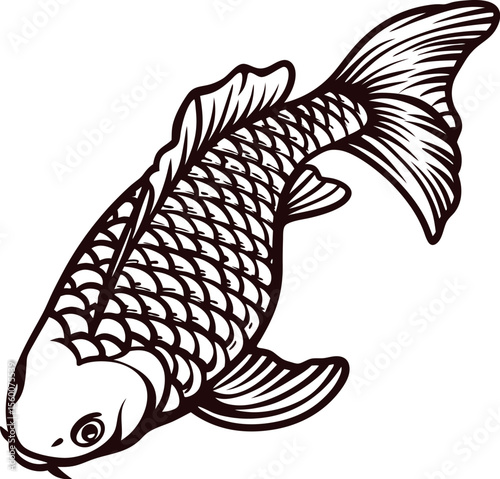 Detailed black and white illustration of a koi fish with intricate scales and flowing fins in traditional art