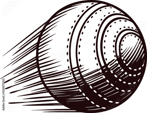 Hand drawn cricket ball with motion lines, detailed engraving style, dynamic sketch illustration on white background