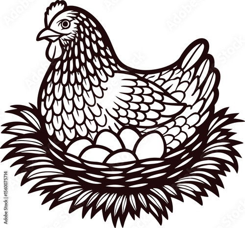 Hand drawn hen sitting in nest with eggs vintage farm animal engraving isolated on white background