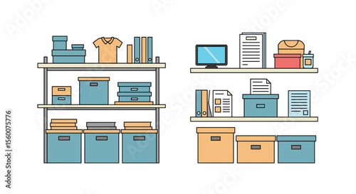 Organized Shelves with Boxes and Office Supplies in a Minimalist Design Style