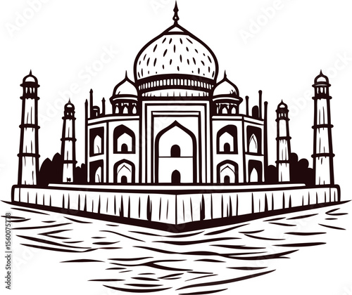 Intricate hand drawn illustration of a grand domed monument with minarets and water reflection