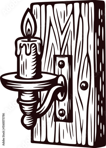 Hand drawn vintage wall mounted candle holder with burning wax candle and wooden backplate engraving