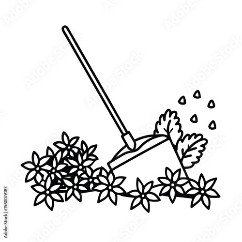 Garden bed mulch spread with wide rake tool Vector illustration