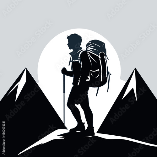 Black and White Hiking Explorer Silhouette on Mountain Top with Backpack