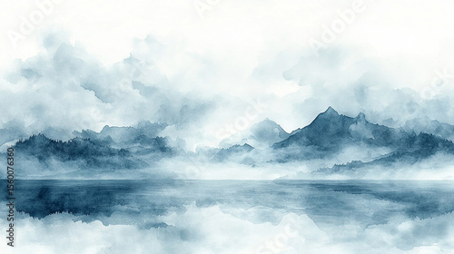 Abstract blue watercolor landscape with mountains and water reflections.