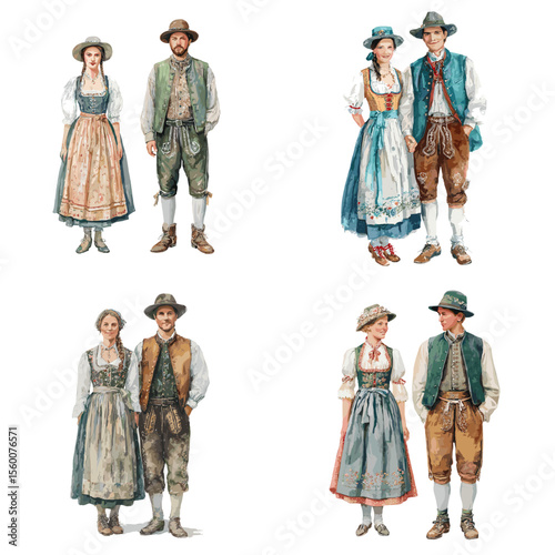 Couples in Bavarian traditional clothing including dirndls and lederhosen, ideal for Oktoberfest, European heritage, and folk costume visuals.

