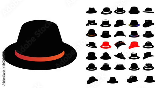 Collection of various styles of hats, top hats, bowler hats, fedora, fashion caps. set of hats
