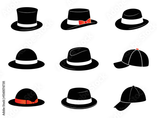 Collection of various types of hats including fedora hat and cap