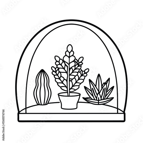 Glass dome terrarium with desert plants and soil details Vector illustration