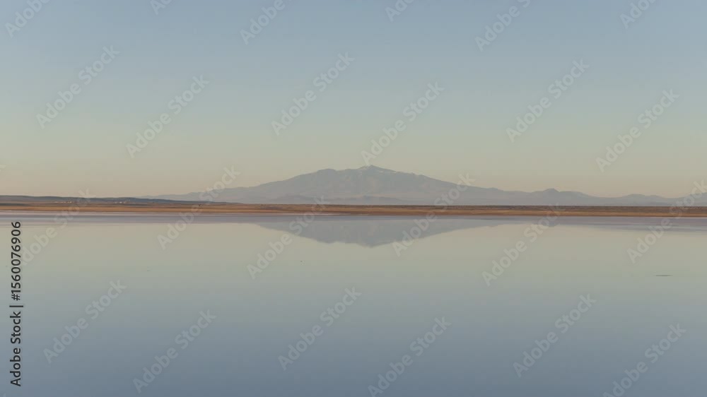 Andean mountain landscape mirrored in Salinas del Diamante salt flats, Mendoza, Aerial view, Argentina