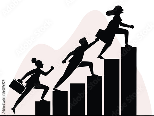 Silhouetted Teamwork Lifting Arrow on Bar Graph Business Success and Growth Concept Illustration