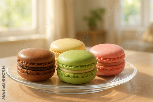 A close-up of four colorful macarons in various flavors (chocolate, pistachio, vanilla, and strawberry) arranged on a clear glass plate
