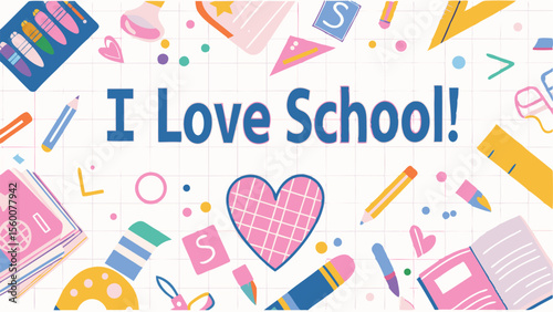 Illustration of a backpack filled with school supplies surrounded by stationery items on a grid background