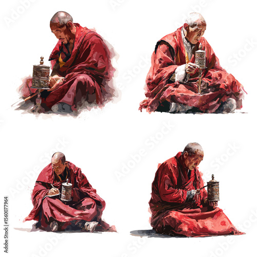 Tibetan monks in red robes holding prayer wheels in meditation, ideal for spirituality, Buddhism, and peaceful cultural expression.

