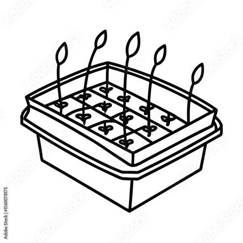 Propagation tray with moist soil and tiny plant labels Vector illustration
