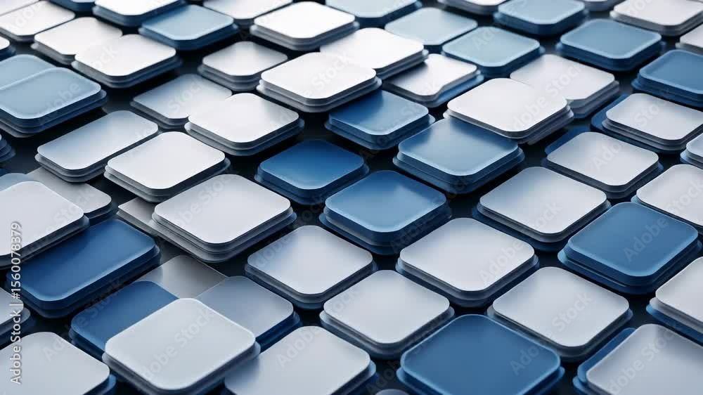 Square tile grid rising and settling in 3D plane, with camera perspective shifting and wave effect