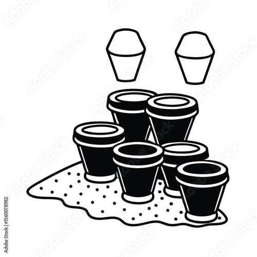 Grouped clay pots near spilled soil and small rake Vector illustration