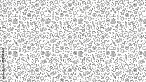 Seamless pattern of medical icons in black and white featuring various healthcare related symbols