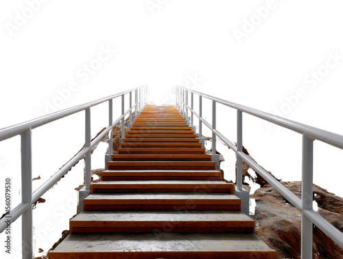 Ascending to Heights: A perspective shot capturing a long flight of stairs, inviting the viewer on a journey of elevation. The staircase, framed by silver rails.
