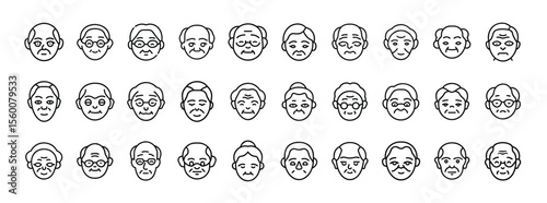 Elderly People Face Icon Set. Featuring senior citizens, old man and woman portraits, aged facial expressions, retired persons, and grandparents in outline style.