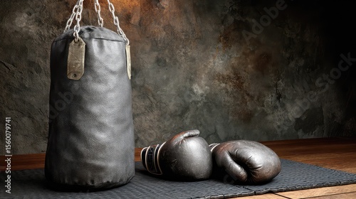 Wallpaper Mural Hanging punching bag with gloves resting underneath on the mat Torontodigital.ca